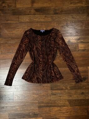 Vintage Vivienne Tam Mesh Long Sleeve Top Brown Tiger Stripe Layered - X-Large